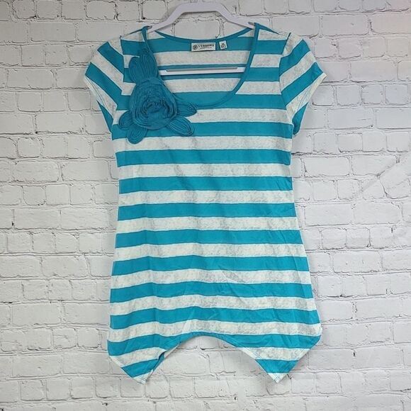 Versona XS Turquoise Rosette Lace Stripe Tunic Blouse Sharkbite Hem Scoop SS Top - Picture 8 of 8